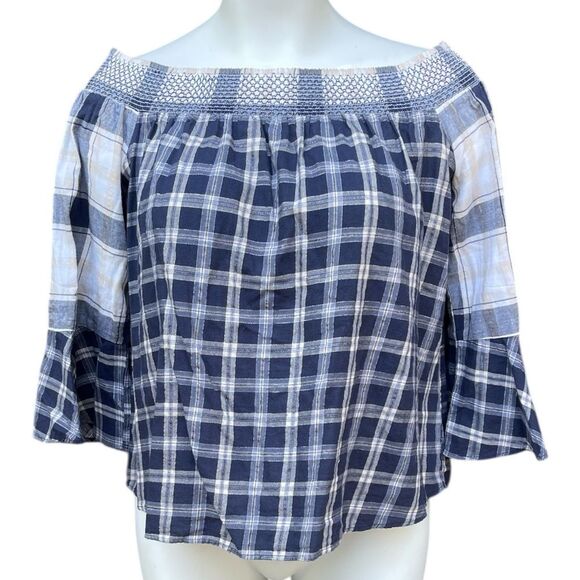 LOFT Blue and White Checkered Off-Shoulder Bell Sleeves 3/4 super cute Large - Picture 1 of 5